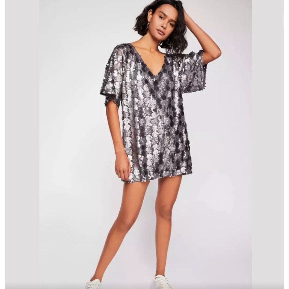 Free People Grey Metallic‎ Shimmery Sequin Mini Dress Sheer Oversized